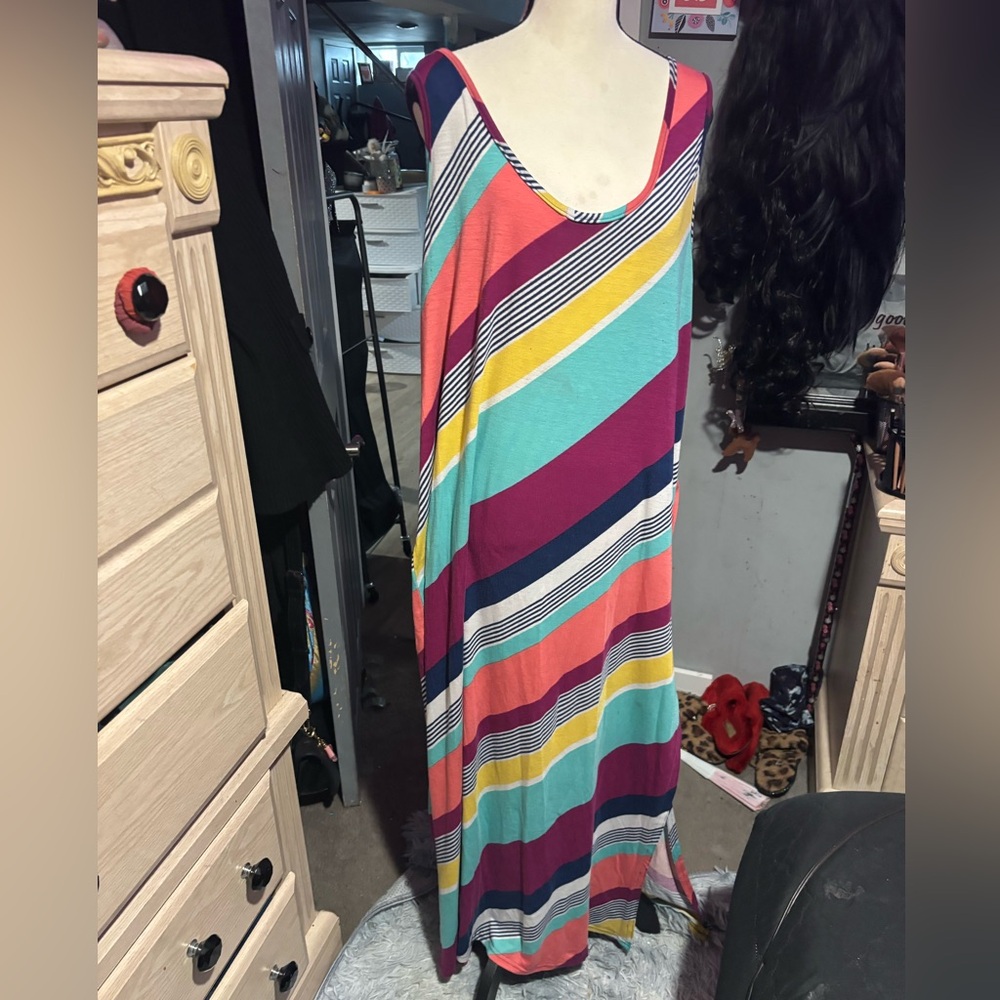 Rouge Helium Striped Sleeveless Maxi Dress in Turquoise, Coral & Yellow